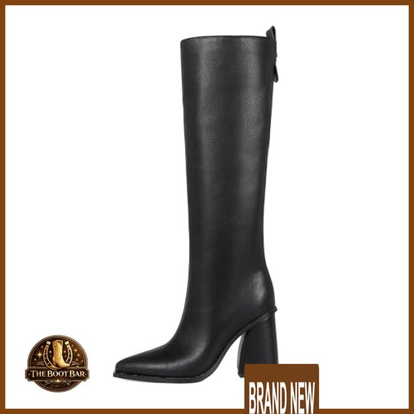 Knee High Tall Boots Chunky Heel Pointed Toe Side Zip Faux Leather - Picture 4 of 7